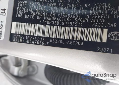 2008 Toyota Avalon Limited from USA, damaged, VIN 4T1BK36B68U287924